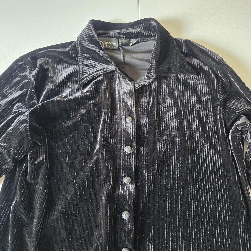 Y2K Liz Claiborne Shirt Dress Large Black Velvet Maxi Long Sleeve Whimsigoth - Picture 2 of 8